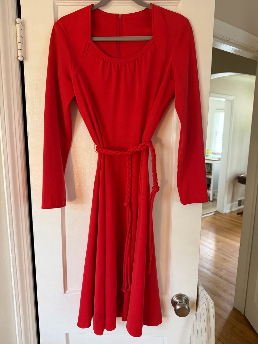 Vintage Women's Red Long-Sleeve Fit & Flare Dress with Braided Belt